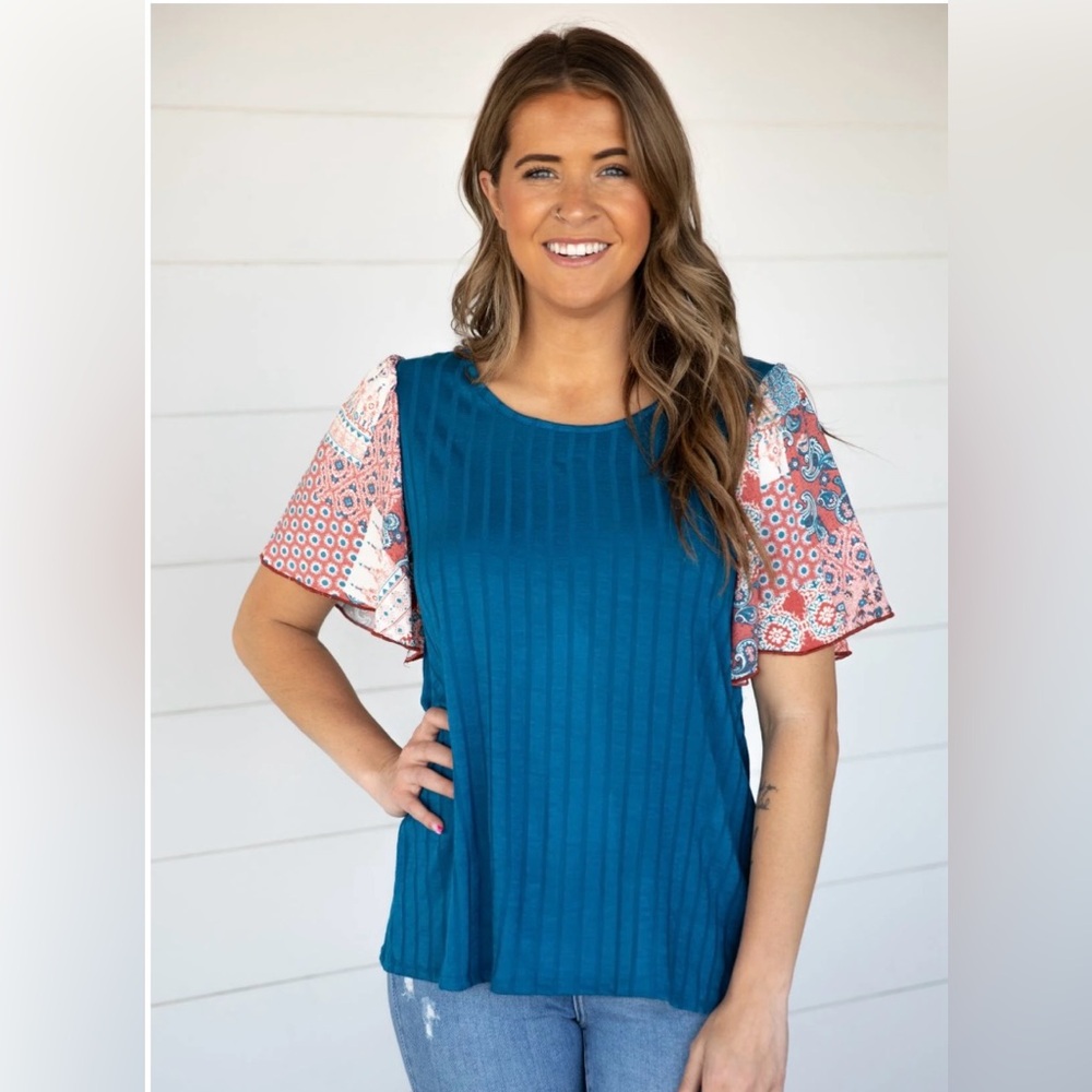 Haptics Teal Multicolor Boho Printed Sleeve Blouse Top Small Fall